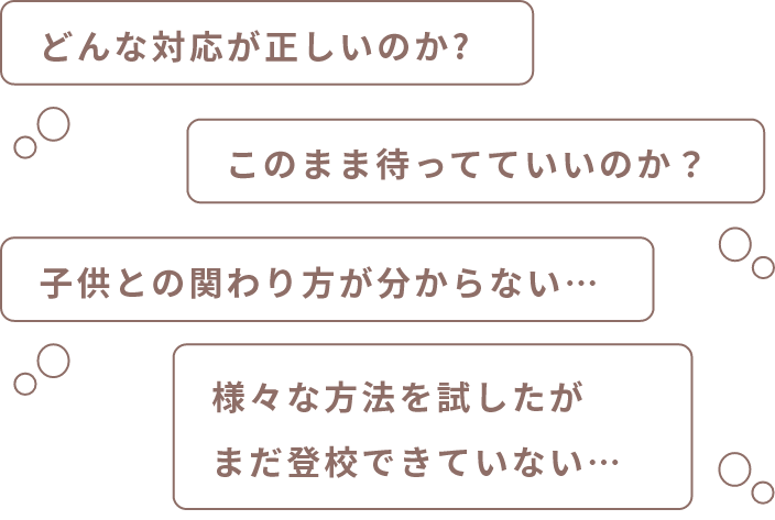 どんな対応が正しいのか?このまま待っていていいのか?子供との関わり方が分からない・・・様々な方法を試したがまだ登校できていない・・・