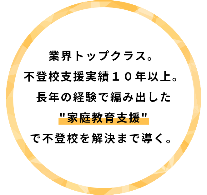 業界トップクラス。不登校支援実績１０年以上。長年の経験で編み出した家庭教育支援で不登校を解決まで導く。
